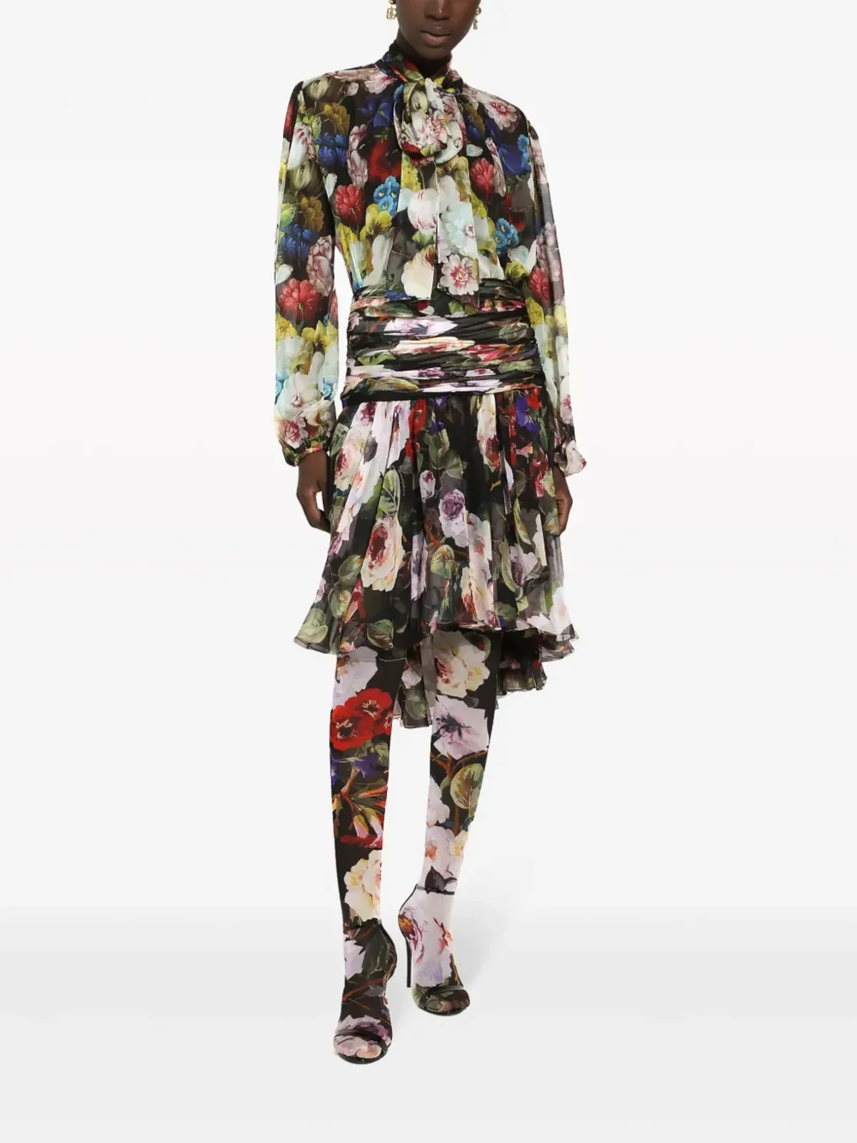Dolce & Gabbana 花柄プリント スカーフ付きシルクブラウス ブラック - 画像3