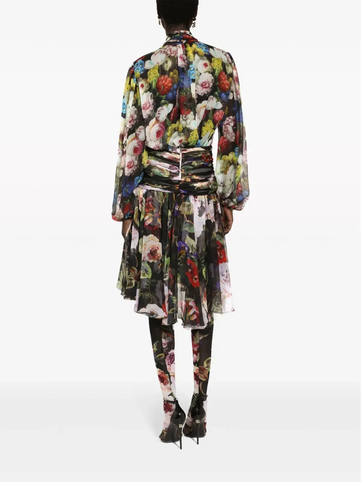 Dolce & Gabbana 花柄プリント スカーフ付きシルクブラウス ブラック - 画像4