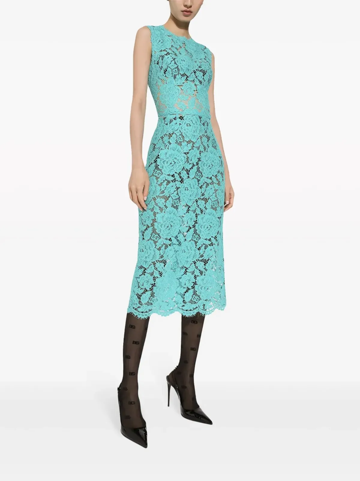 Dolce & Gabbana 花柄レース ノースリーブ ミディドレス ブルー - 画像2