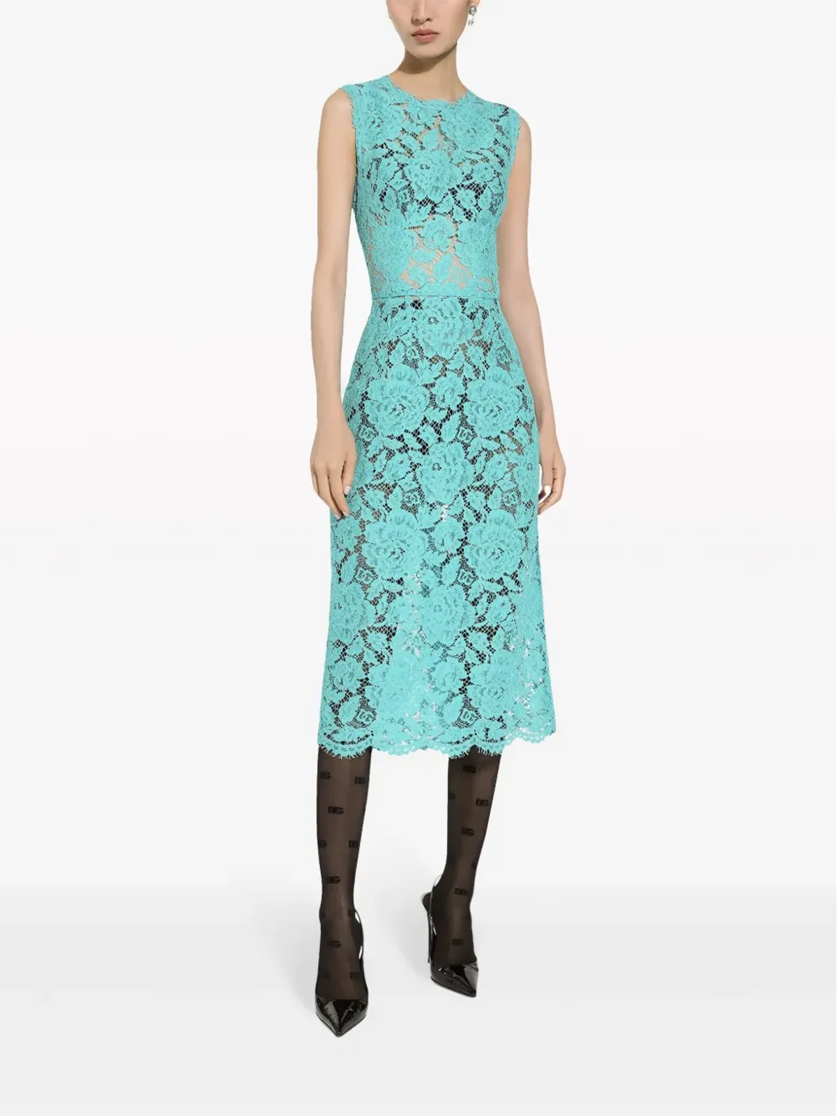 Dolce & Gabbana 花柄レース ノースリーブ ミディドレス ブルー - 画像3