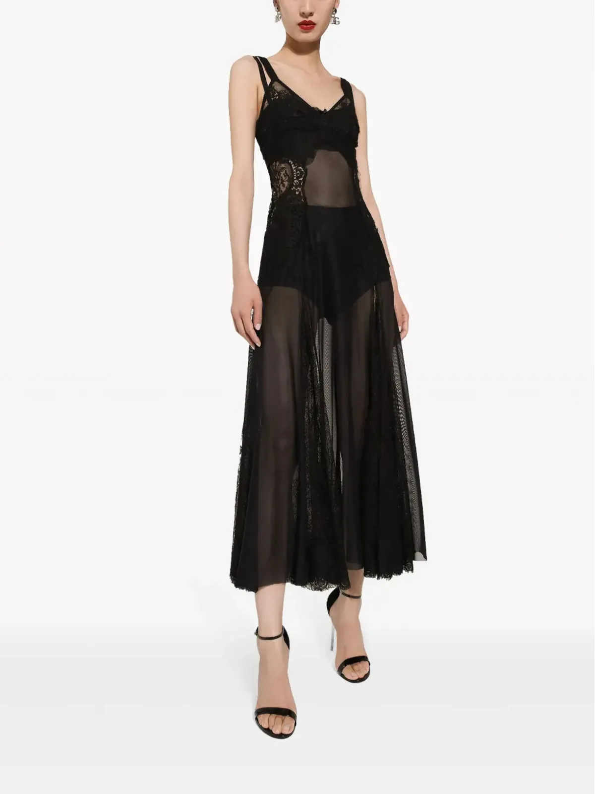 Dolce & Gabbana レースインサート付きフレアミディドレス ブラック - 画像2