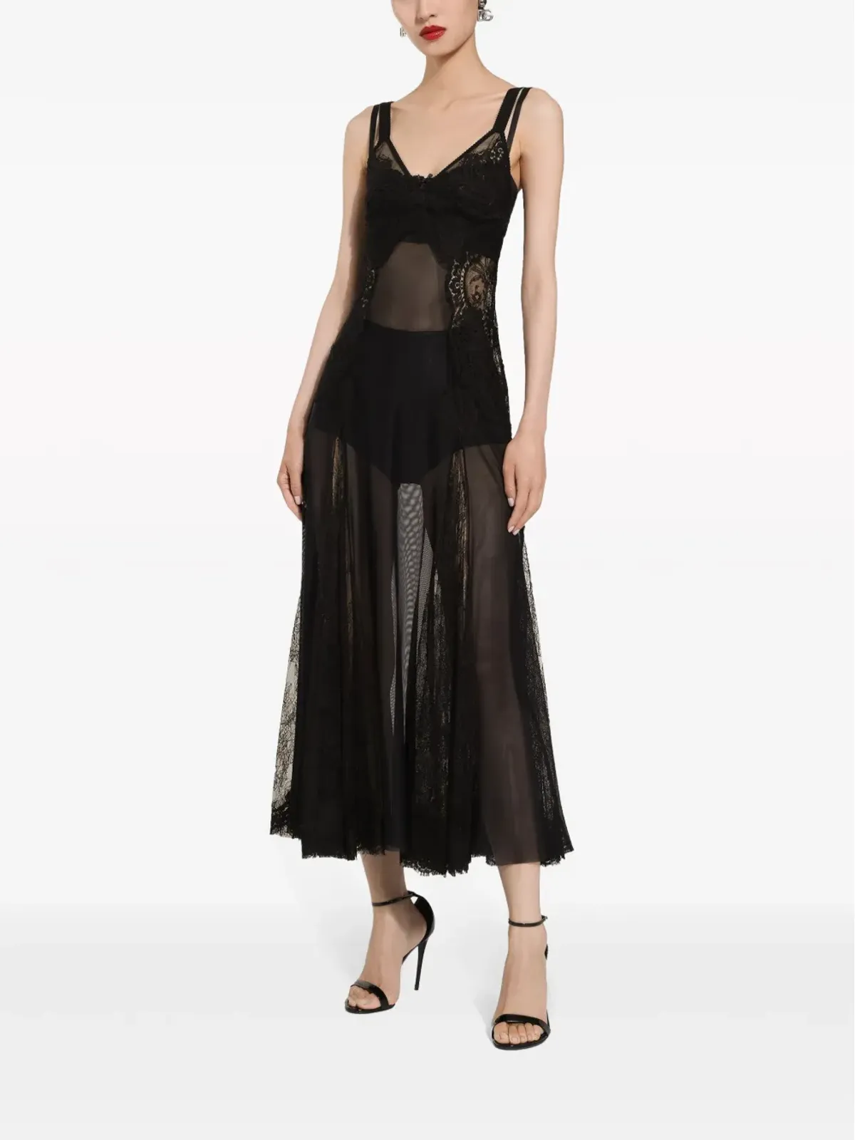 Dolce & Gabbana レースインサート付きフレアミディドレス ブラック - 画像3