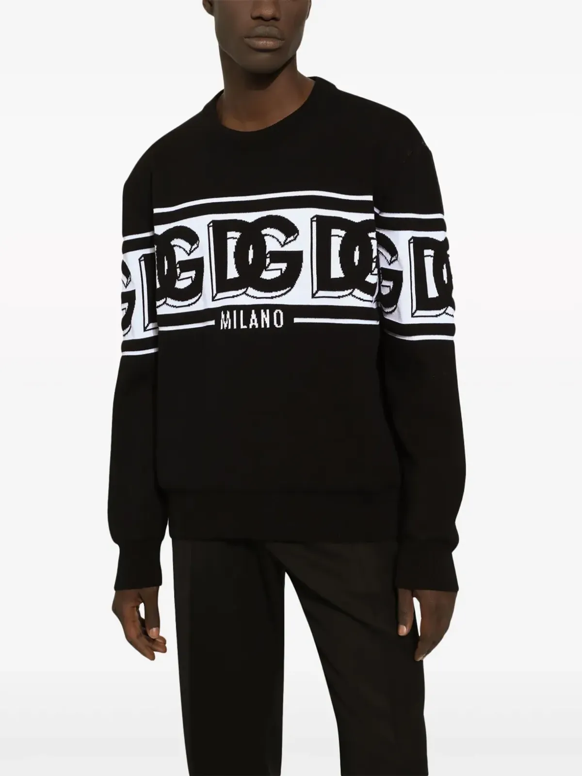 Dolce & Gabbana インターシャ ロゴ ニット セーター クルーネック ブラック - 画像5
