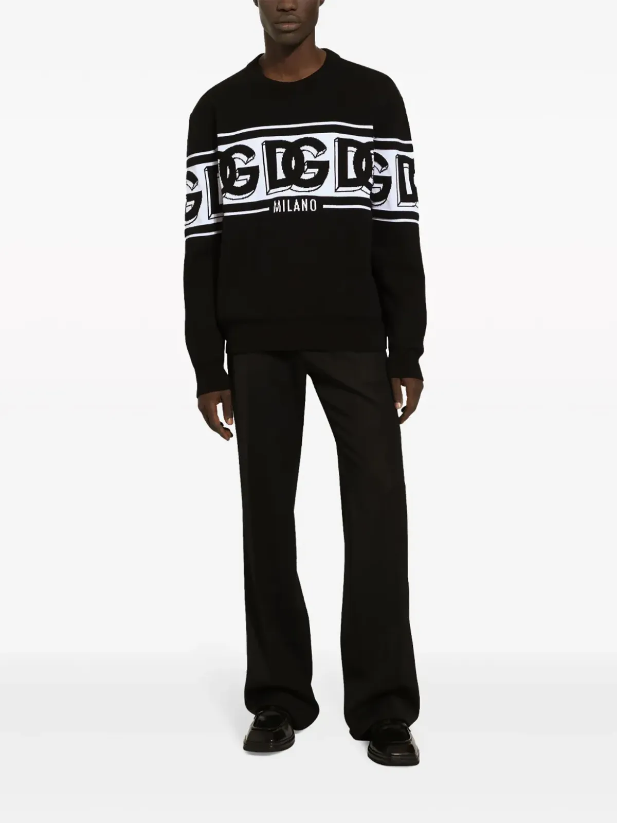 Dolce & Gabbana インターシャ ロゴ ニット セーター クルーネック ブラック - 画像3