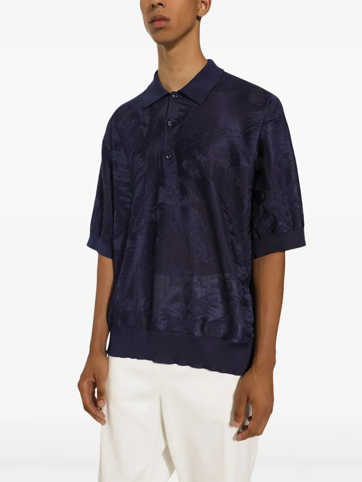 Dolce & Gabbana フローラルジャカード シルク混ポロシャツ - ブルー - 画像3