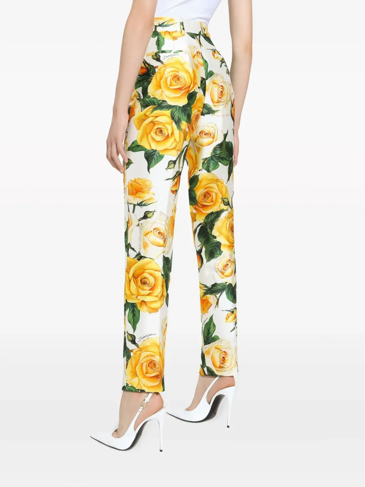 Dolce & Gabbana ローズプリント ハイウエストパンツ - ホワイト - 画像4