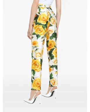 Dolce & Gabbana ローズプリント ハイウエストパンツ - ホワイト - サムネイル4