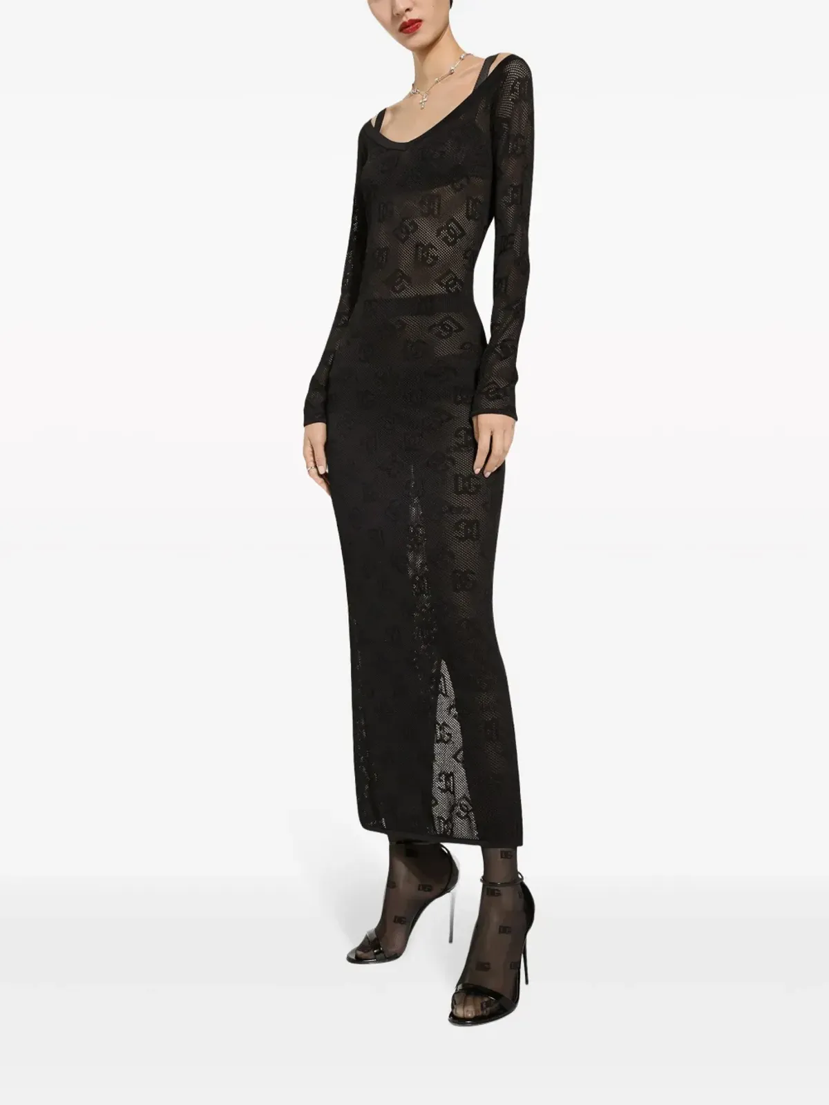 Dolce & Gabbana ロゴジャカード Vネック マキシドレス - ブラック - 画像2