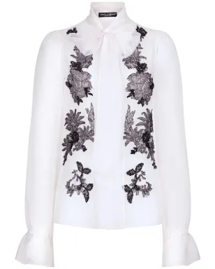 Dolce & Gabbana レースアップリケ シルク混シャツ - White - サムネイル1