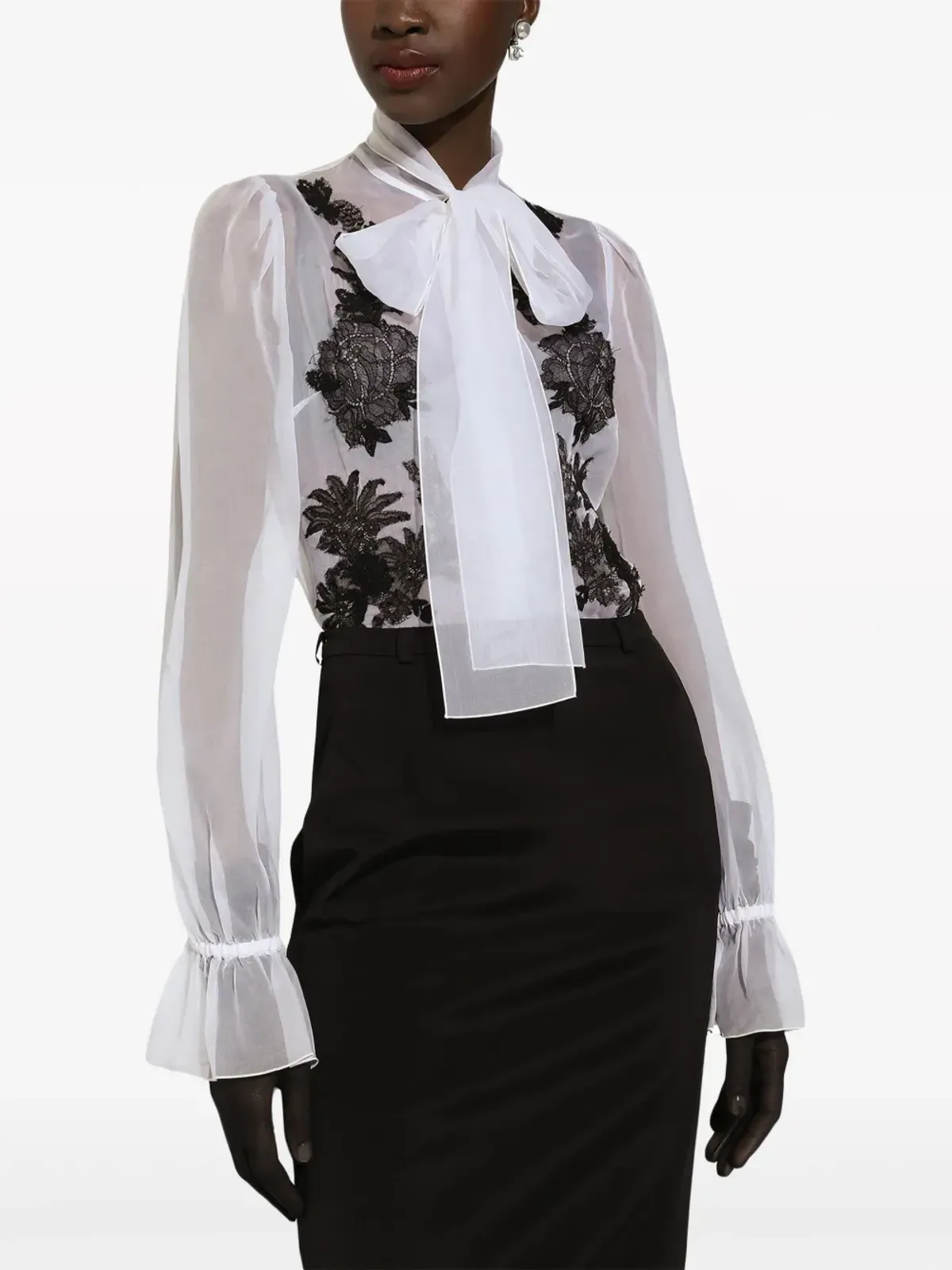Dolce & Gabbana レースアップリケ シルク混シャツ - White - 画像5
