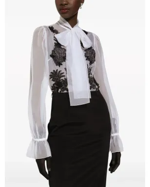 Dolce & Gabbana レースアップリケ シルク混シャツ - White - サムネイル5