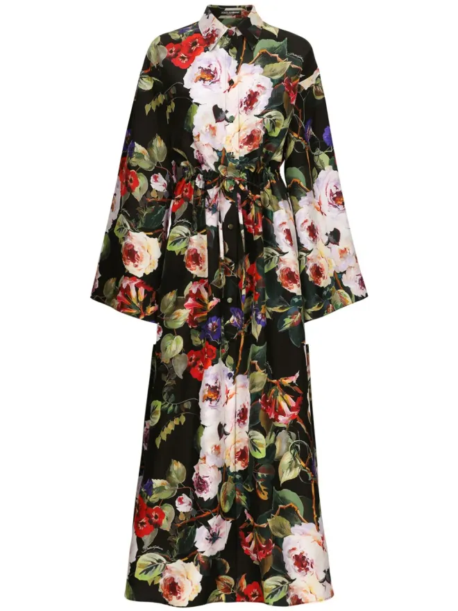 Dolce & Gabbana Dolce & Gabbana ローズプリント シルク シャツドレス - ブラックの商品画像