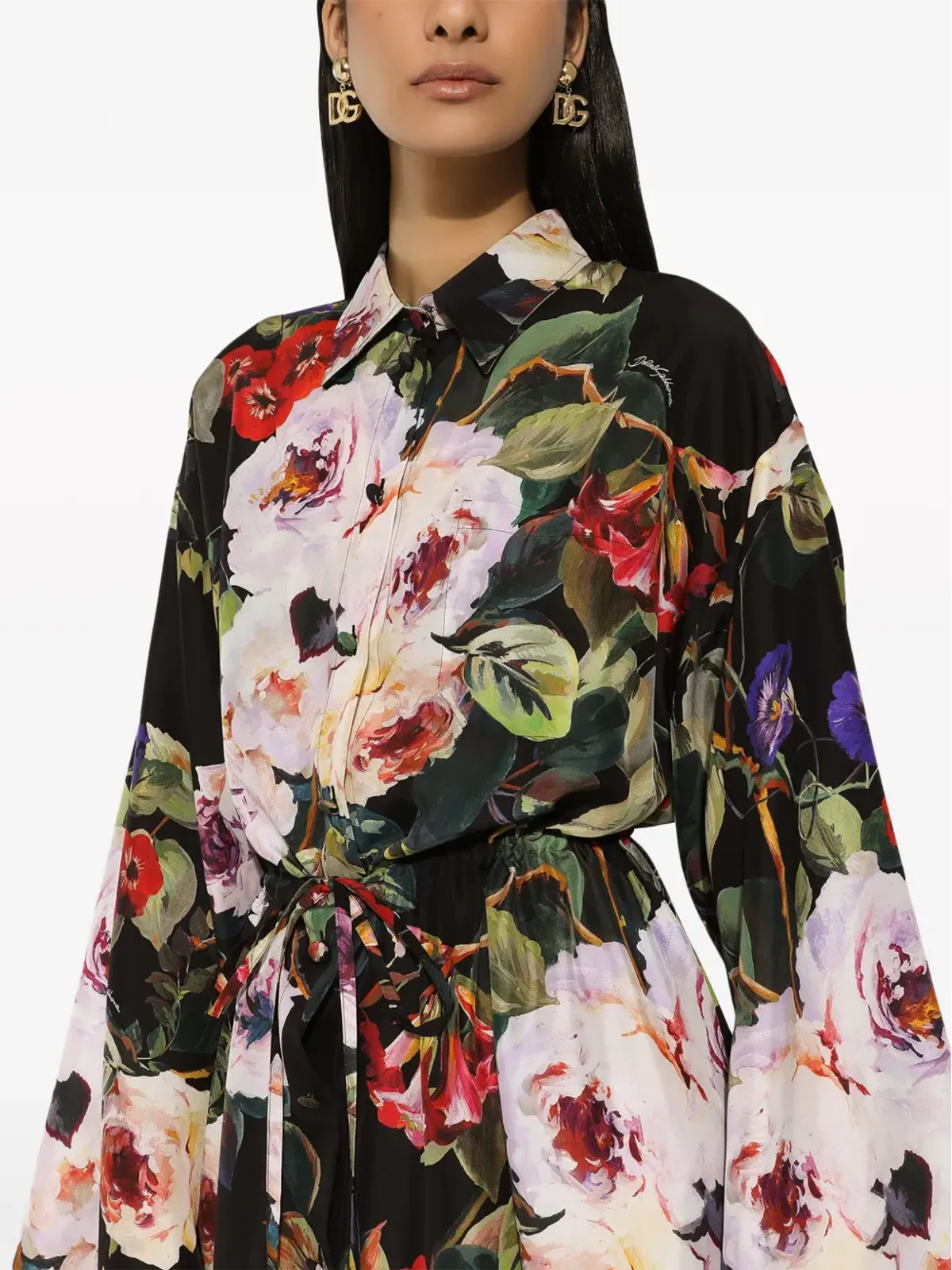Dolce & Gabbana ローズプリント シルク シャツドレス - ブラック - 画像5