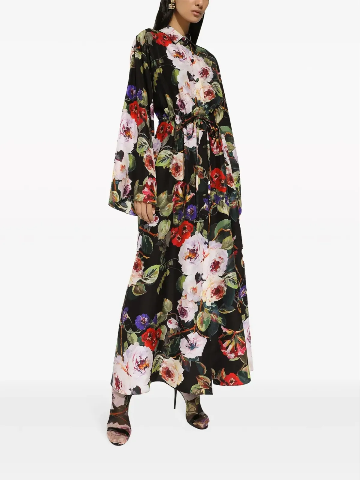 Dolce & Gabbana ローズプリント シルク シャツドレス - ブラック - 画像2