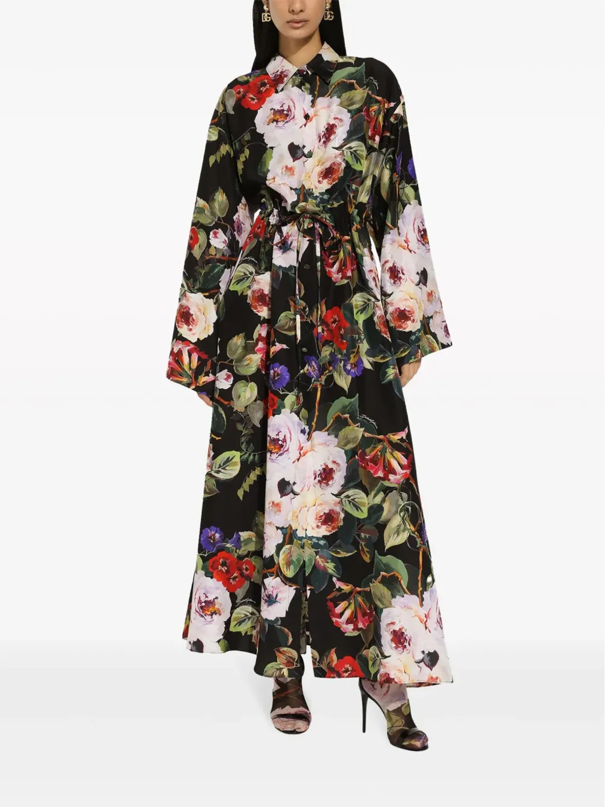 Dolce & Gabbana ローズプリント シルク シャツドレス - ブラック - 画像3