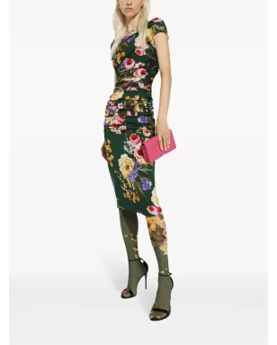 Dolce & Gabbana 花柄プリント ギャザー入りミディドレス - グリーン - サムネイル2