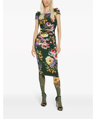Dolce & Gabbana 花柄プリント ギャザー入りミディドレス - グリーン - サムネイル3