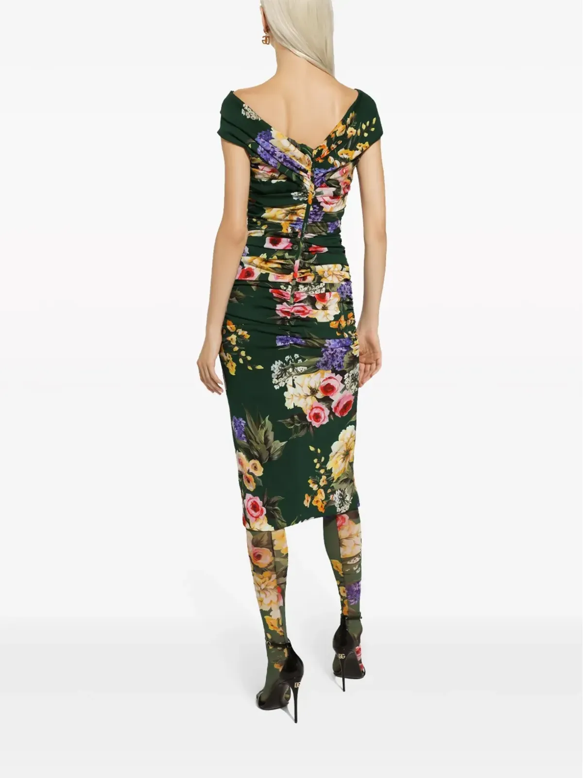 Dolce & Gabbana 花柄プリント ギャザー入りミディドレス - グリーン - 画像4