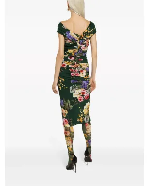 Dolce & Gabbana 花柄プリント ギャザー入りミディドレス - グリーン - サムネイル4