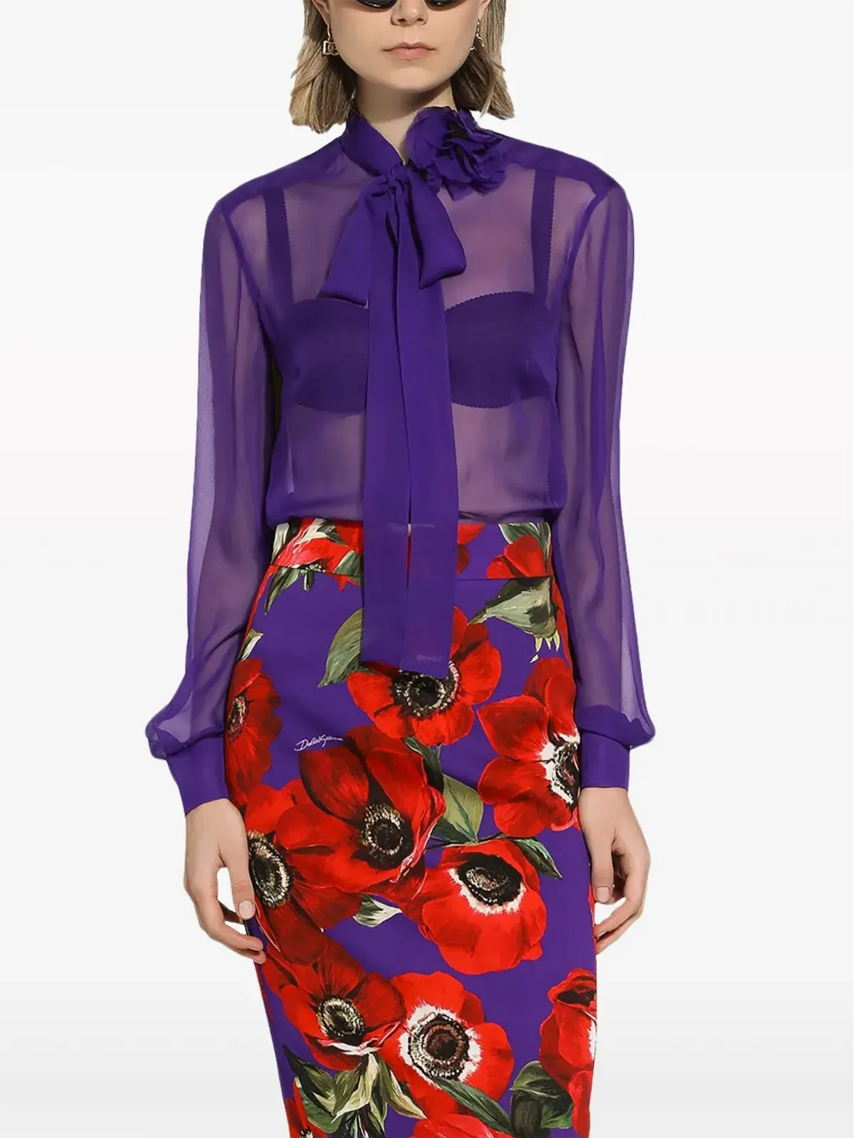 Dolce & Gabbana ネックリボン付き シルクシフォン ブラウス - パープル - 画像5