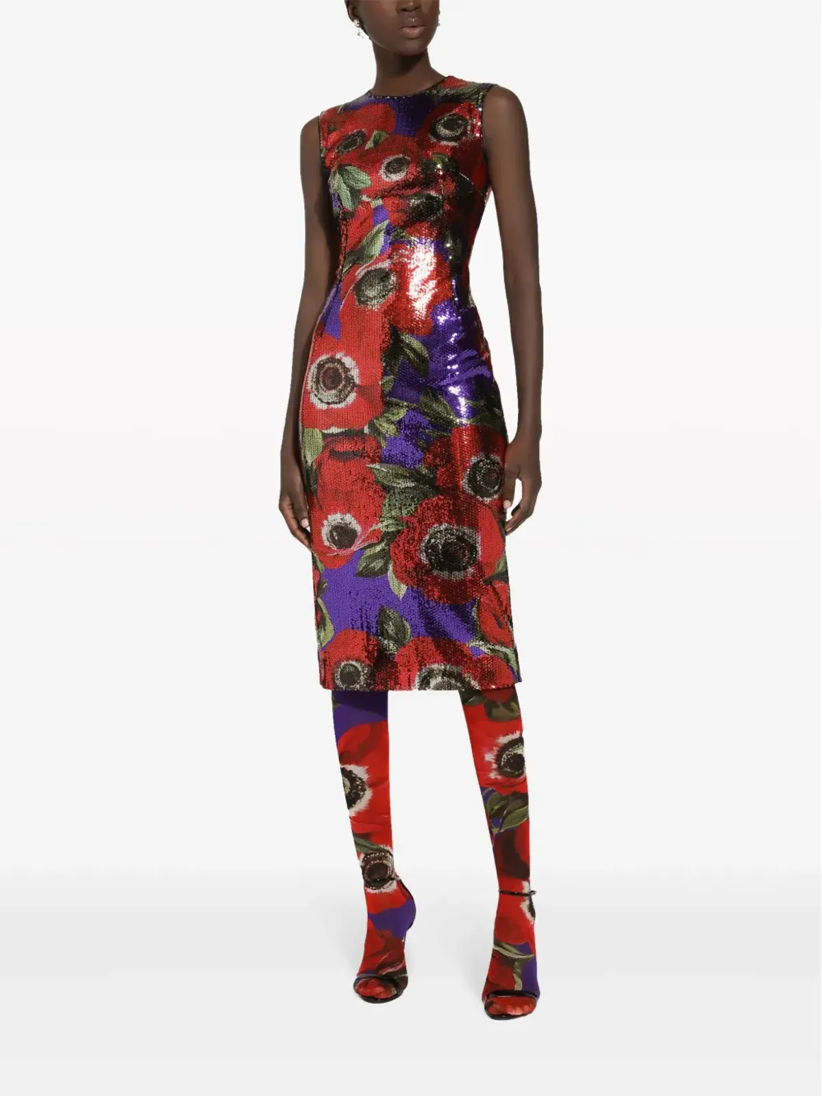 Dolce & Gabbana アネモネ柄スパンコールドレス レッド - 画像3