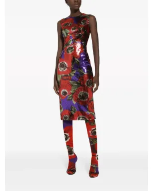 Dolce & Gabbana アネモネ柄スパンコールドレス レッド - サムネイル3