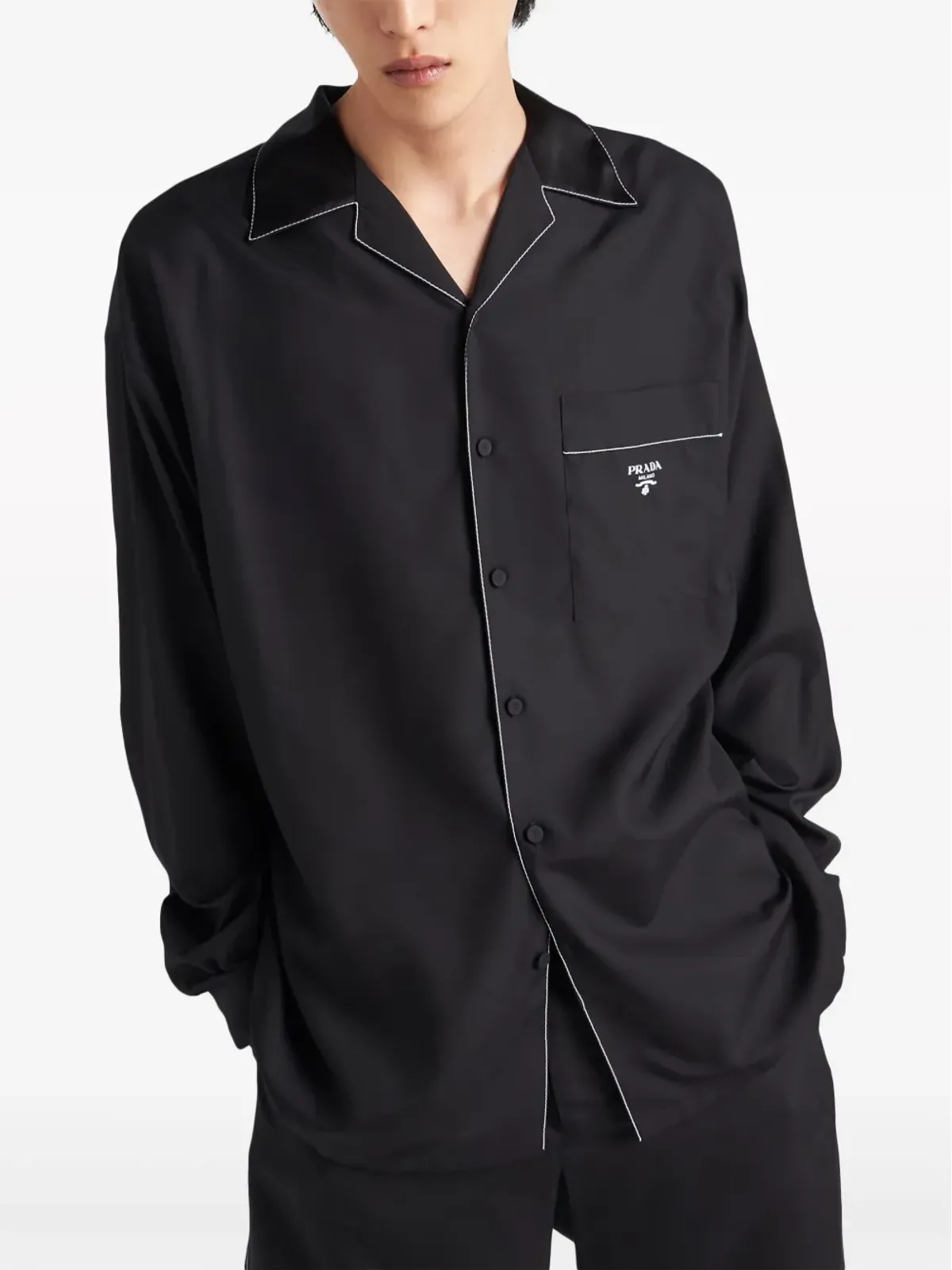 Prada コントラストトリム シルク パジャマシャツ - ブラック - 画像4
