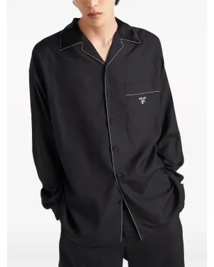 Prada コントラストトリム シルク パジャマシャツ - ブラック - サムネイル4