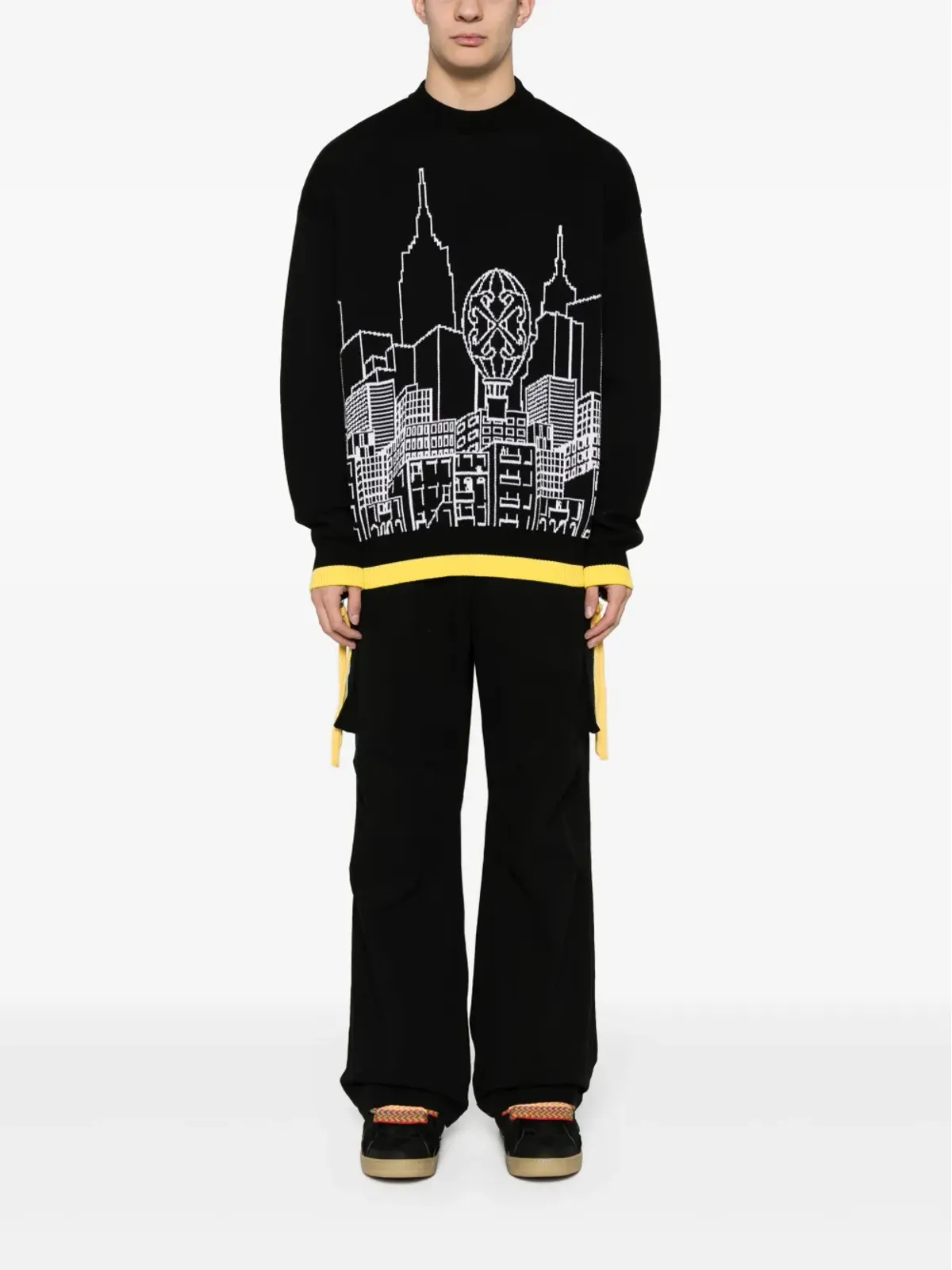 Off-White インターシャ編みニットセーター ブラック - 画像2