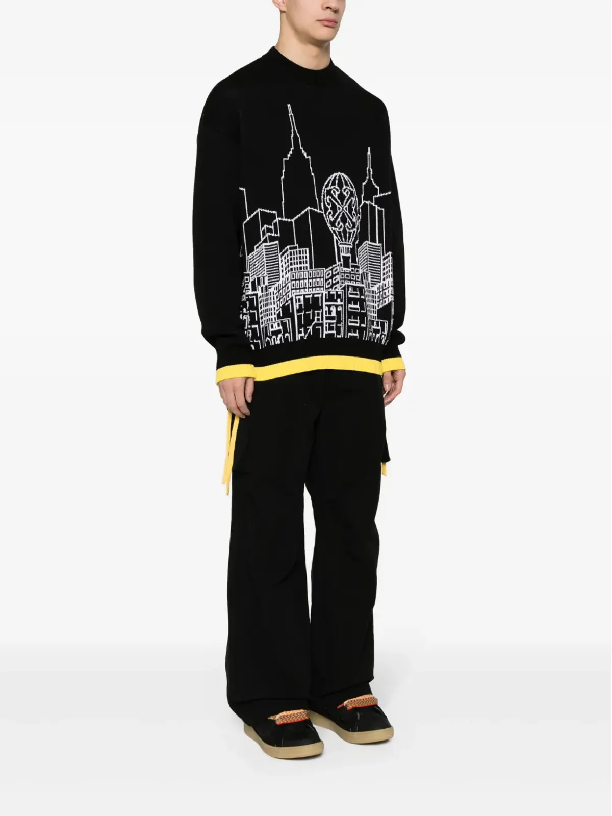 Off-White インターシャ編みニットセーター ブラック - 画像3