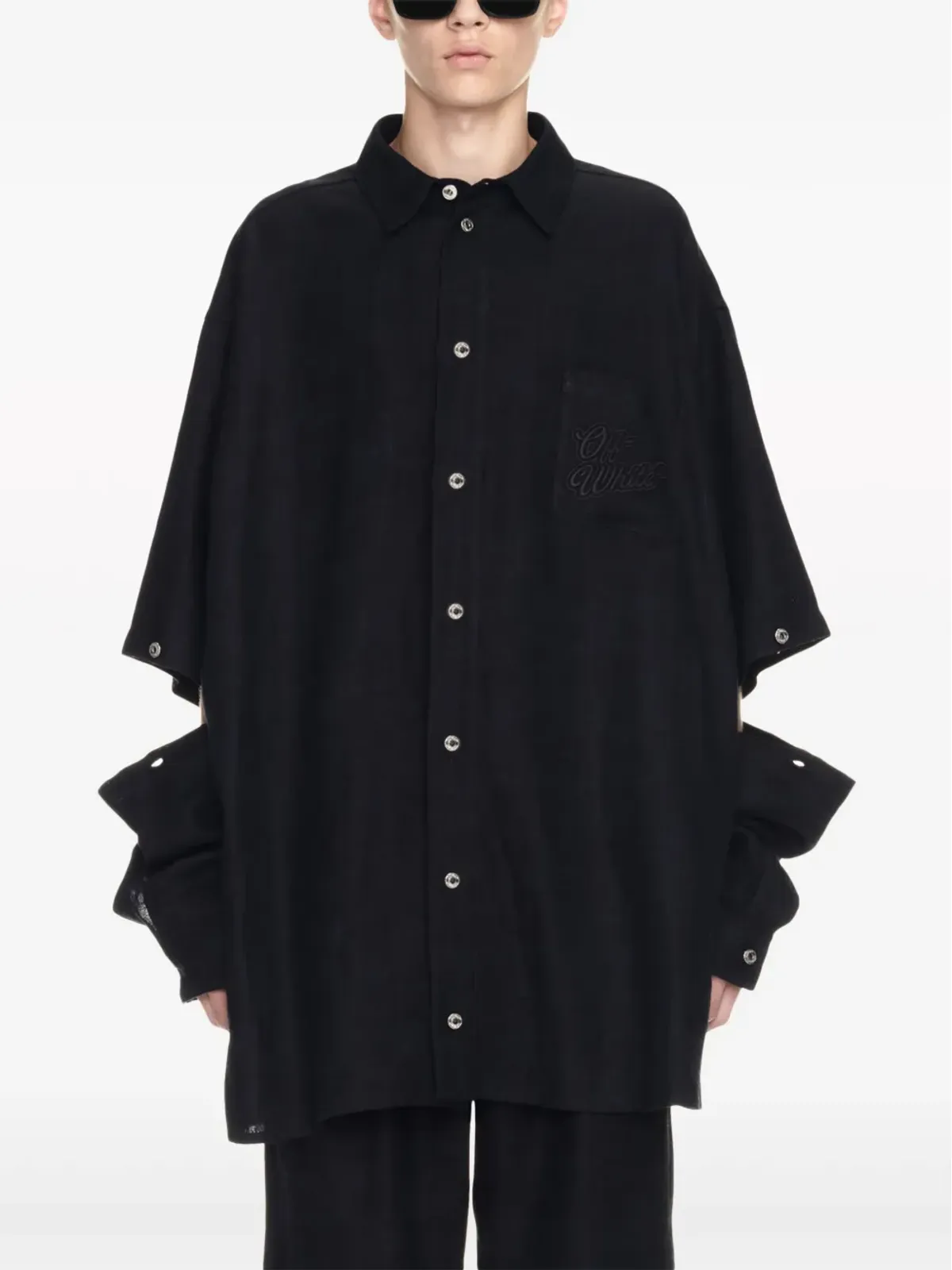 Off-White ロゴ刺繍パネルドリネン シャツジャケット - ブラック - 画像5
