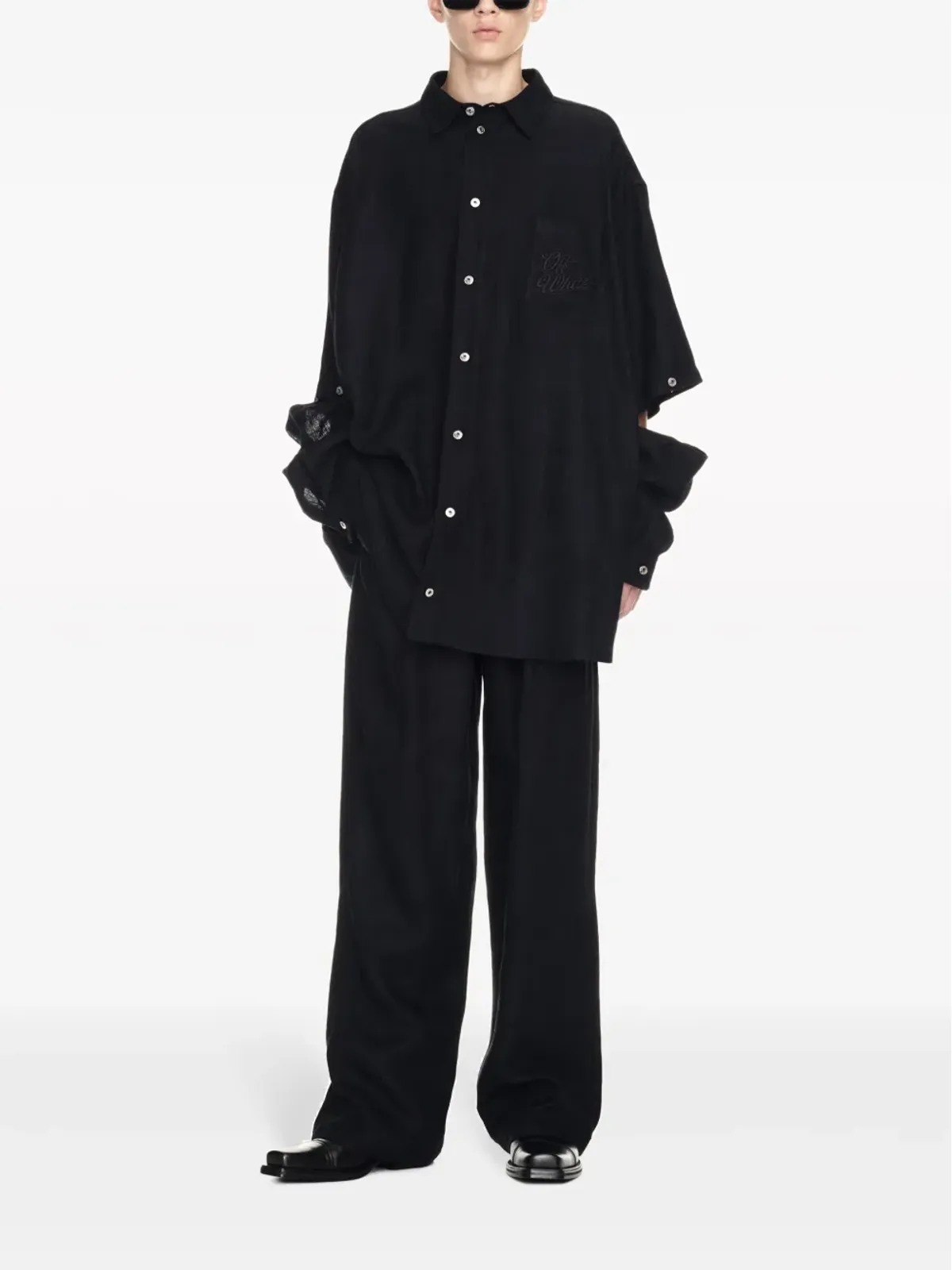 Off-White ワイドレッグリネンパンツ - ブラック - 画像2