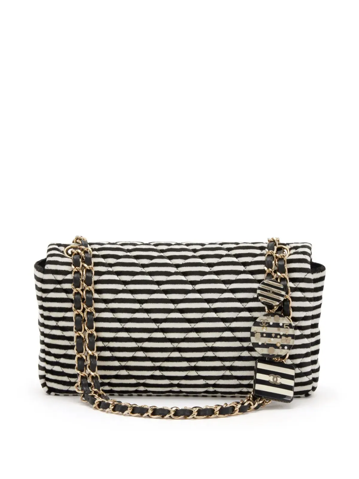 CHANEL ビンテージ 2006 クラシックフラップ ストライプ柄ショルダーバッグ ブラック - 画像2