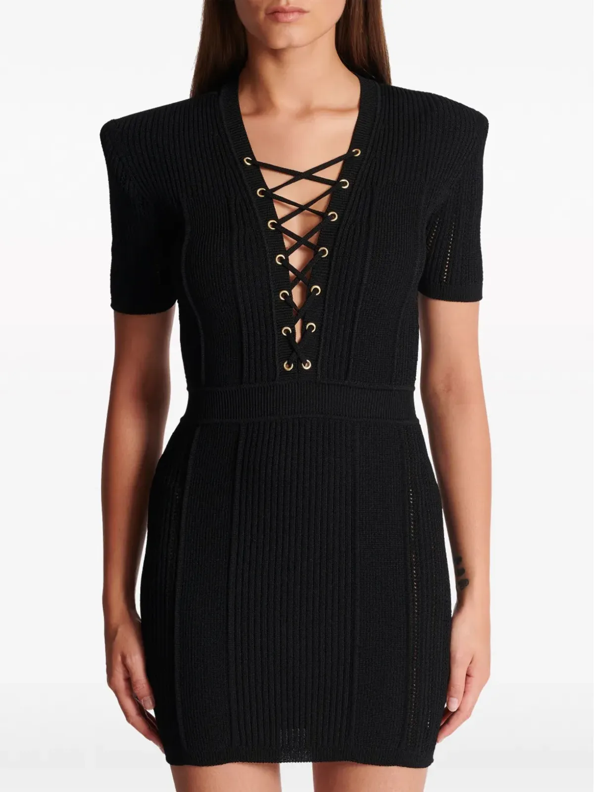 Balmain Vネック レースアップ ミニドレス - ブラック - 画像5