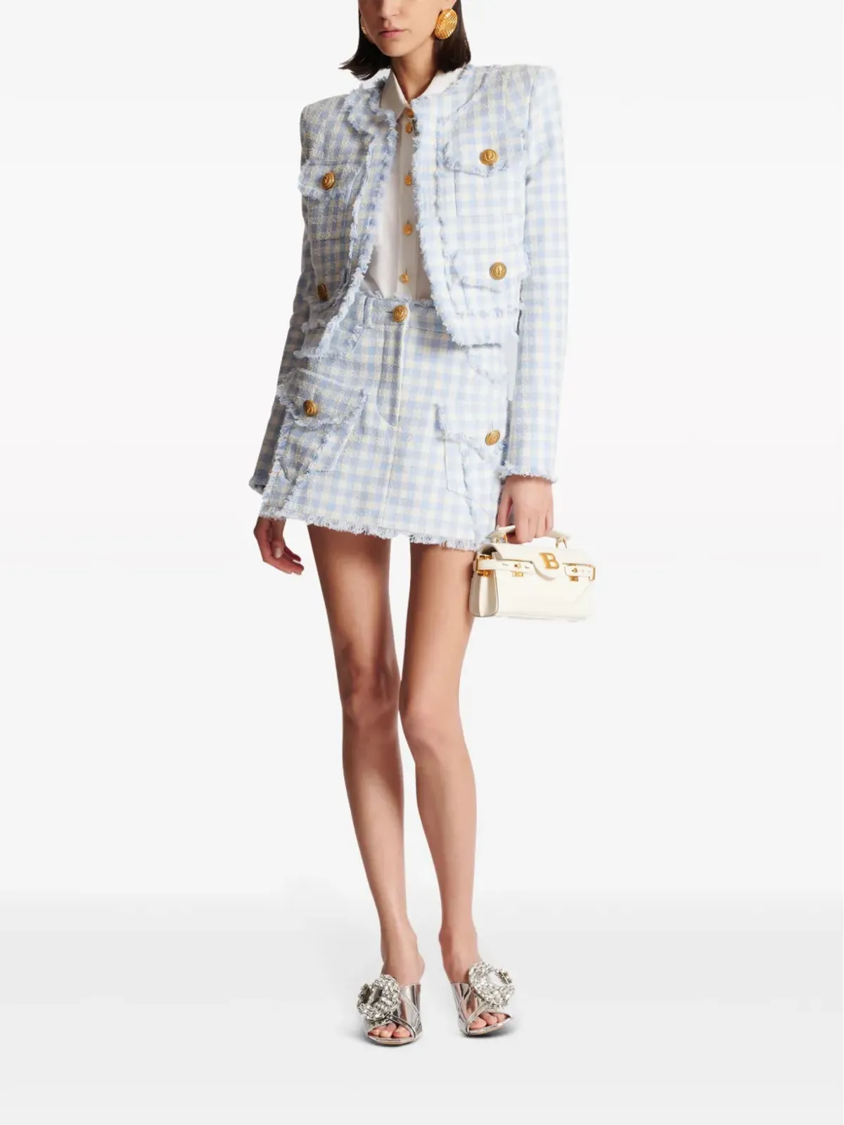 Balmain ギンガムチェック柄Aラインミニスカート ブルー - 画像2