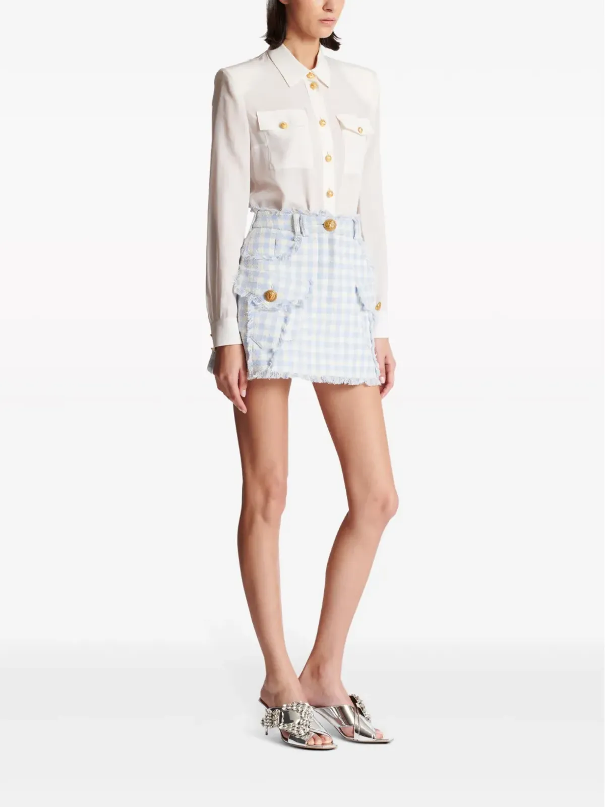Balmain ギンガムチェック柄Aラインミニスカート ブルー - 画像3