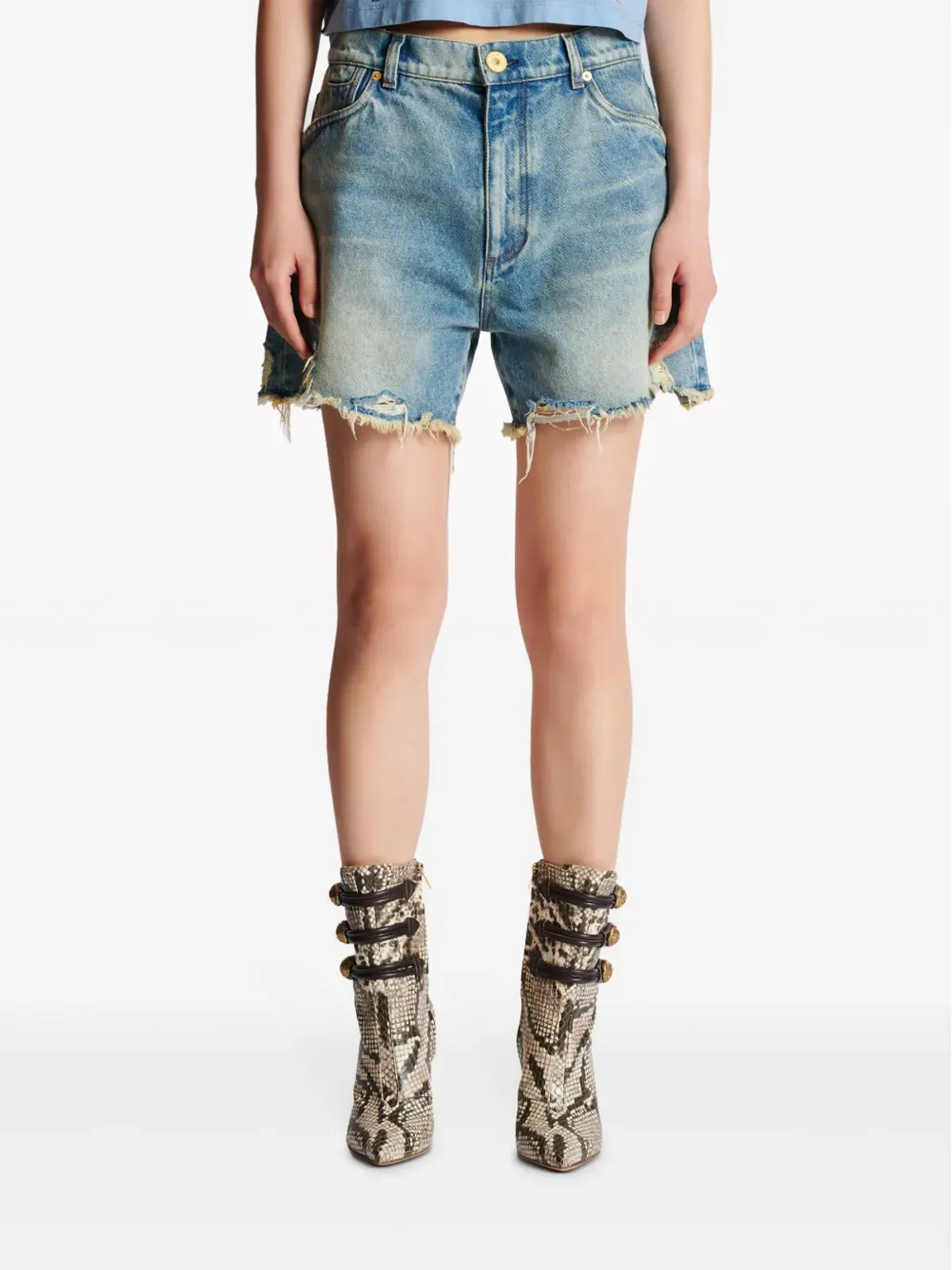 Balmain ミッドライズ ほつれヘムデニムショーツ - 画像5