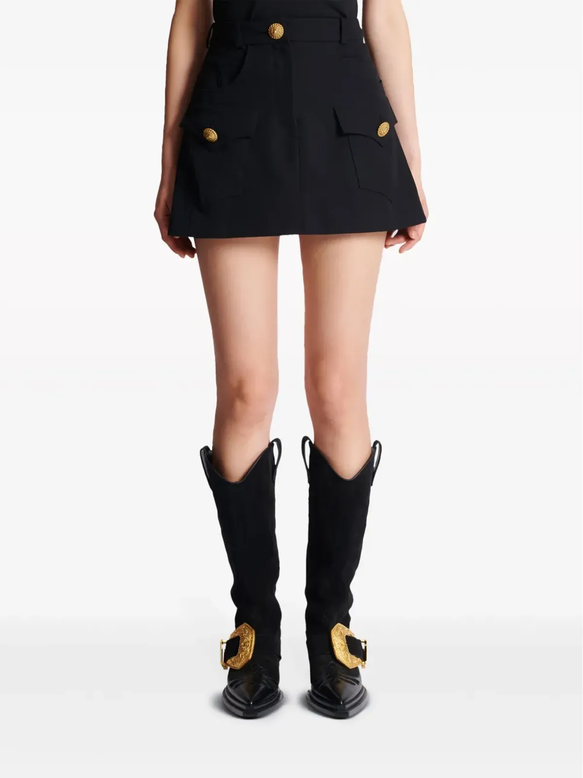 Balmain ウェスタンパネルドウールミニスカート ブラック - 画像5