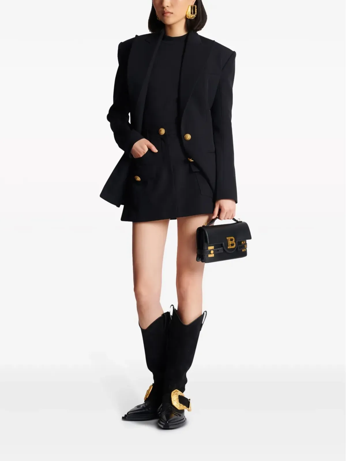 Balmain ウェスタンパネルドウールミニスカート ブラック - 画像2