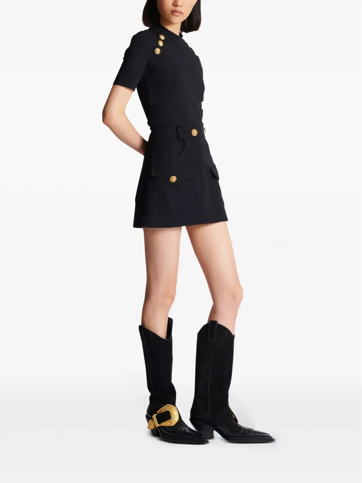 Balmain ウェスタンパネルドウールミニスカート ブラック - 画像3