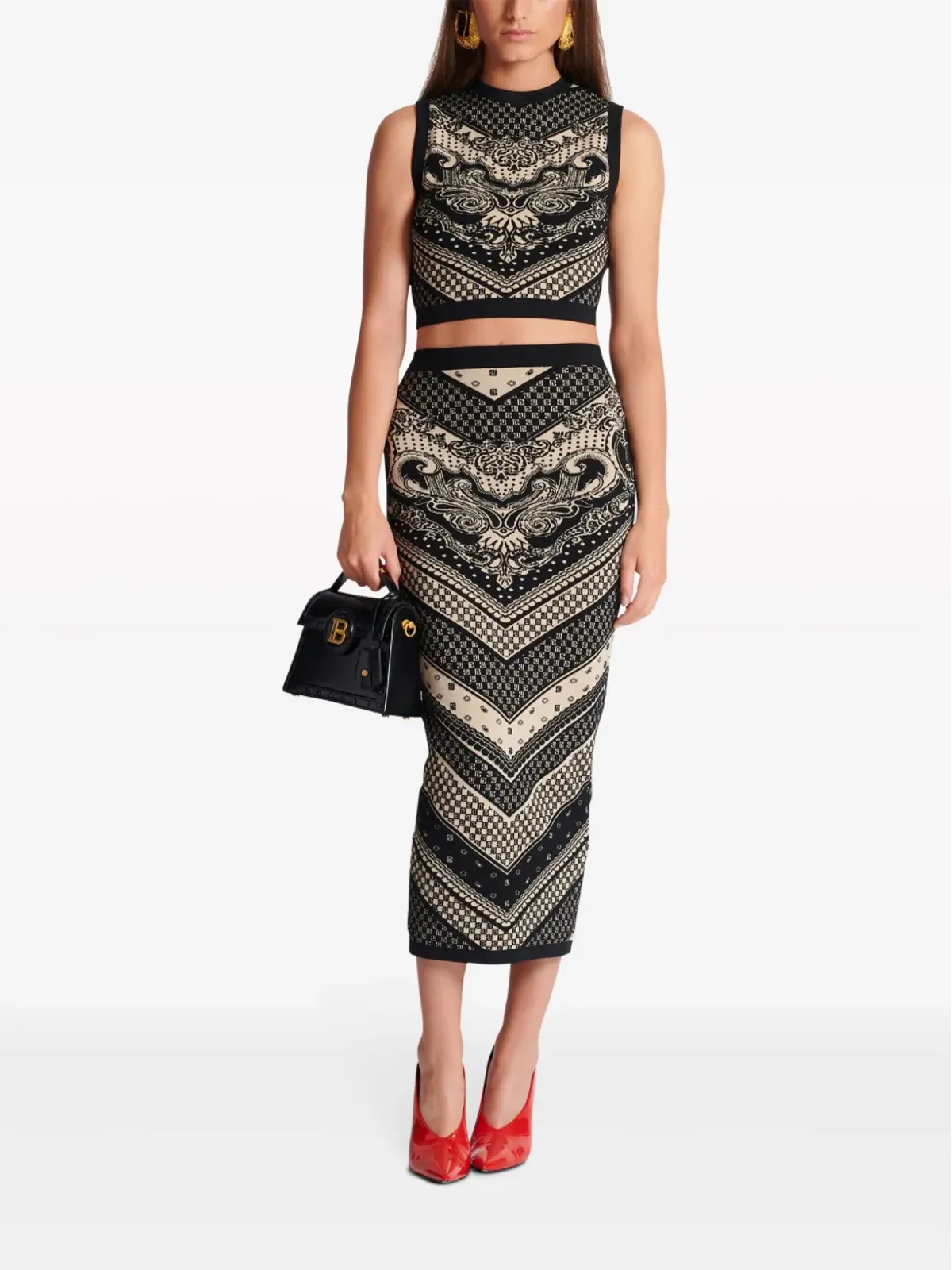 Balmain イントアルシア編み柄クロップトップ（ブラック） - 画像2