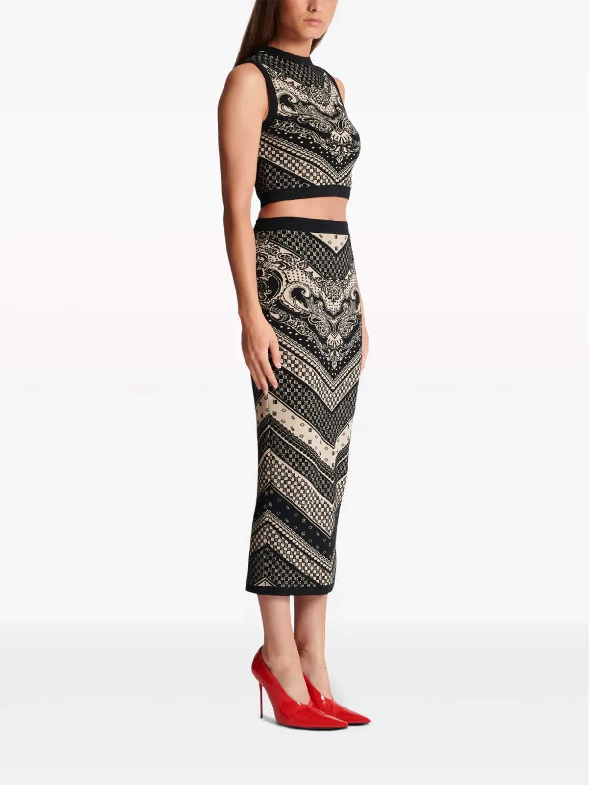Balmain イントアルシア編み柄クロップトップ（ブラック） - 画像3