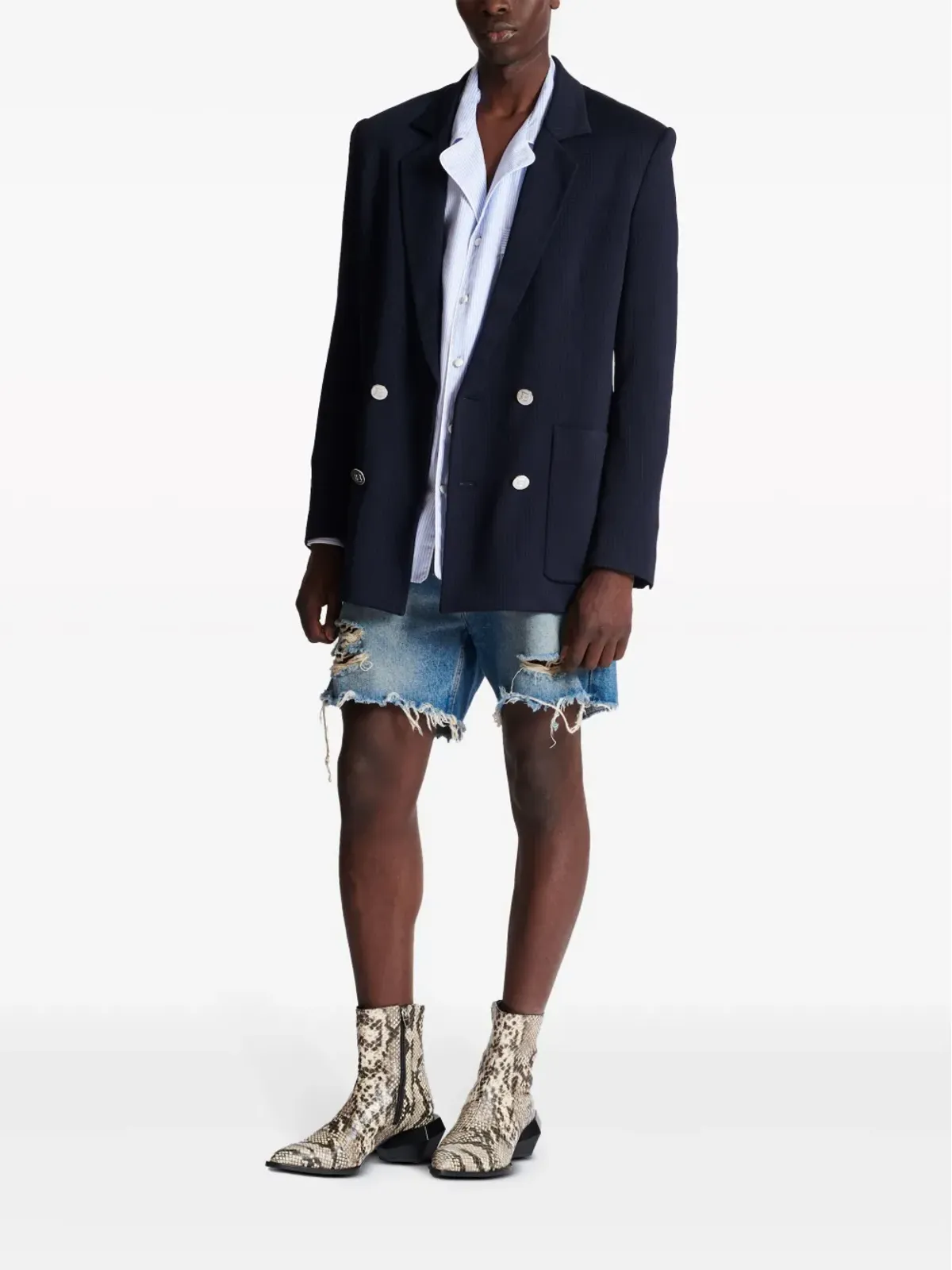Balmain モノグラム柄 ダブルブレスト ブレザー ブルー - 画像2