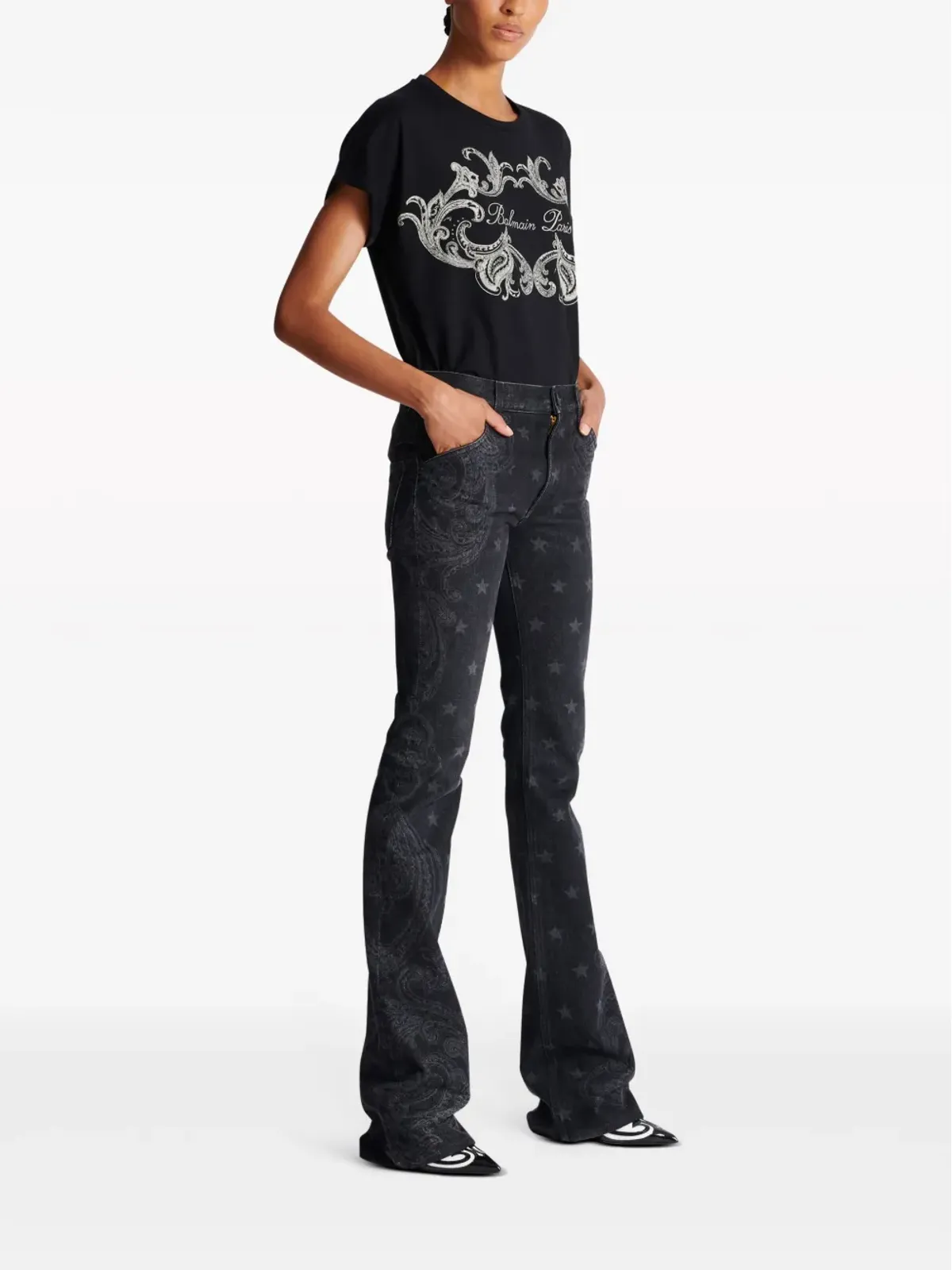 Balmain スター柄 ブーツカット ミッドライズ ジーンズ ブラック - 画像3