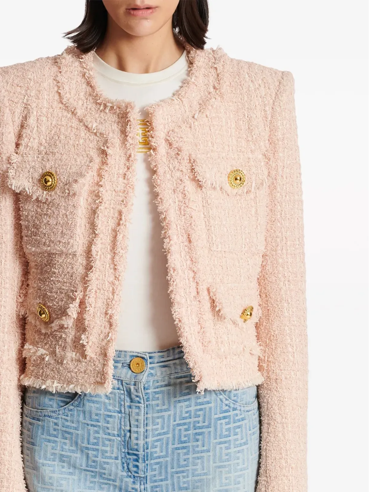 Balmain ノーカラー ツイードジャケット - ピンク - 画像5