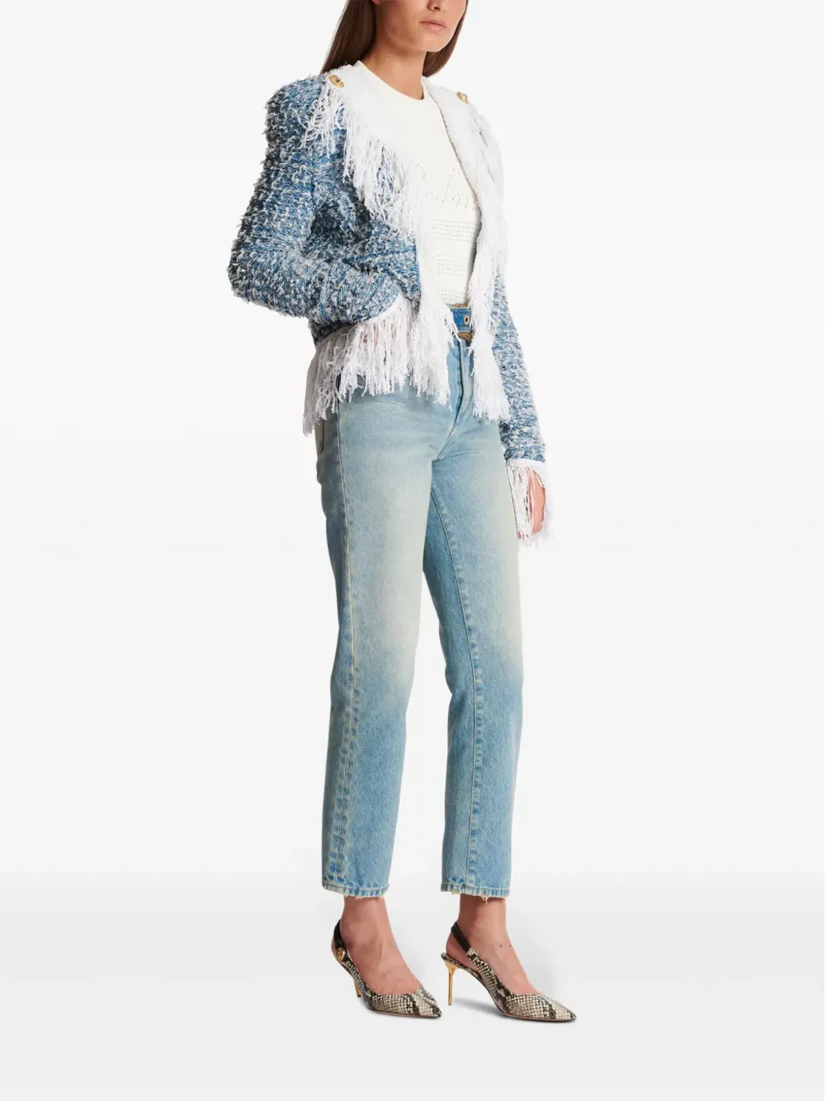 Balmain フリンジ付きデニムツイードジャケット ブルー - 画像3