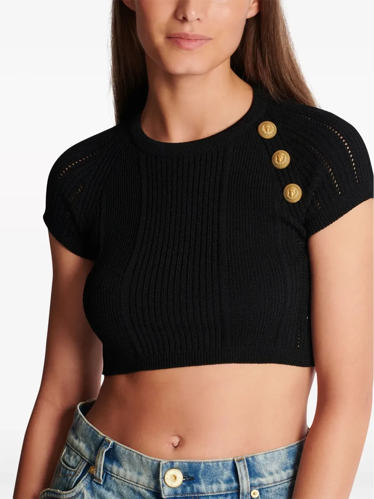Balmain 3ボタン編みニット クロップトップ ブラック - 画像5
