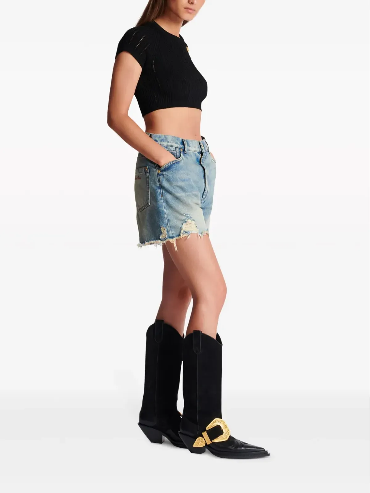 Balmain 3ボタン編みニット クロップトップ ブラック - 画像3