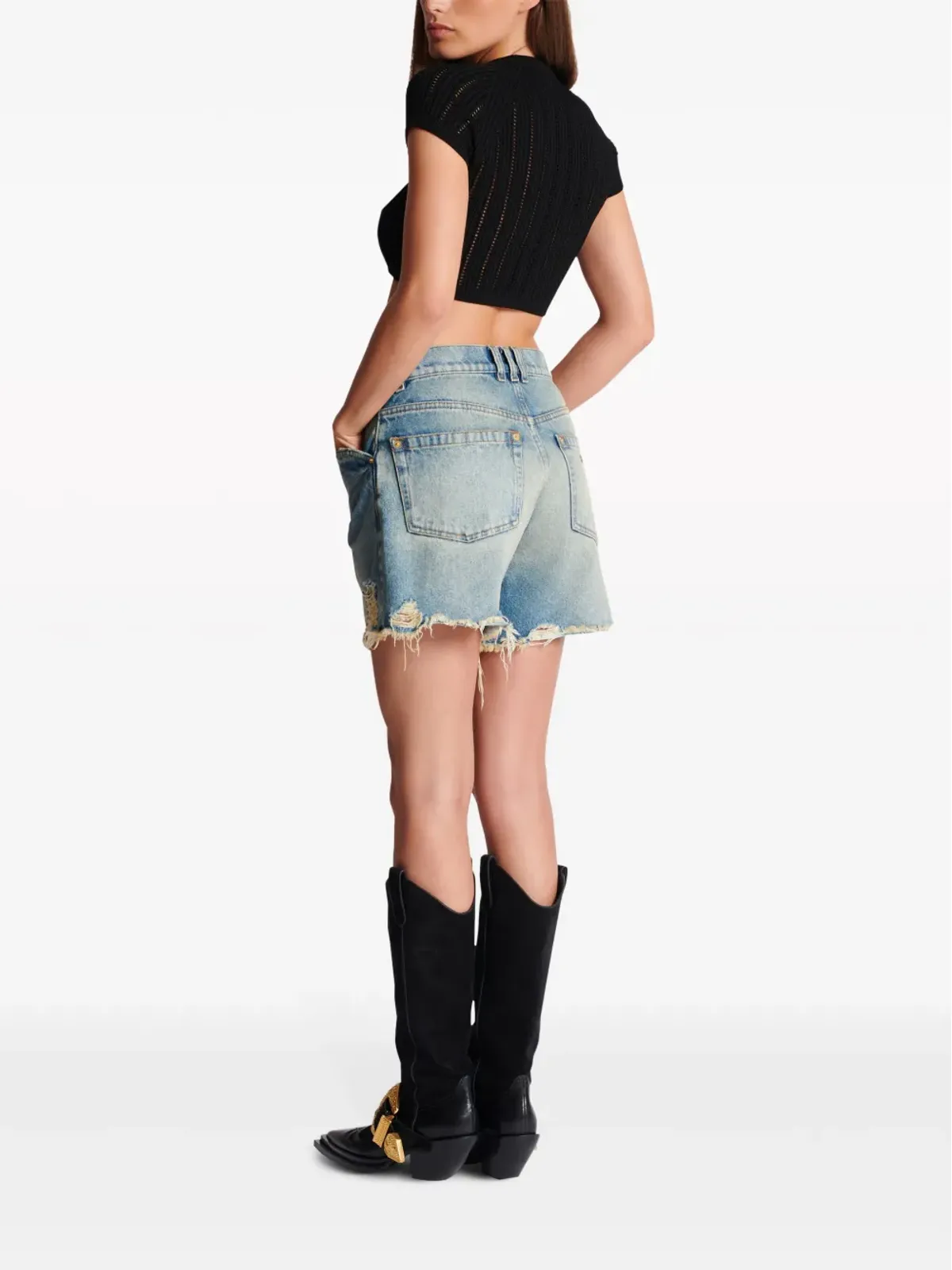 Balmain 3ボタン編みニット クロップトップ ブラック - 画像4