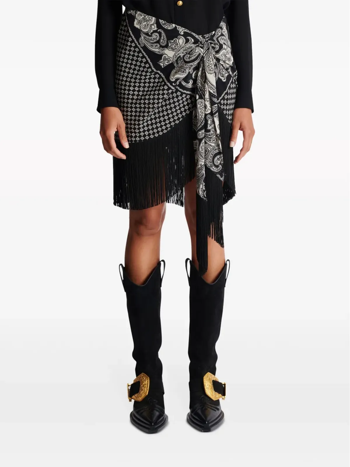 Balmain フリンジ付きペイズリープリント シルクミニスカート ブラック - 画像5